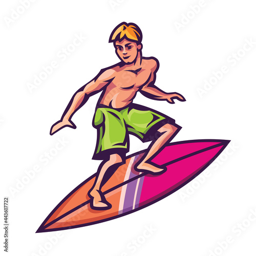 Surfer standing on surfboard. Male person in cartoon style.