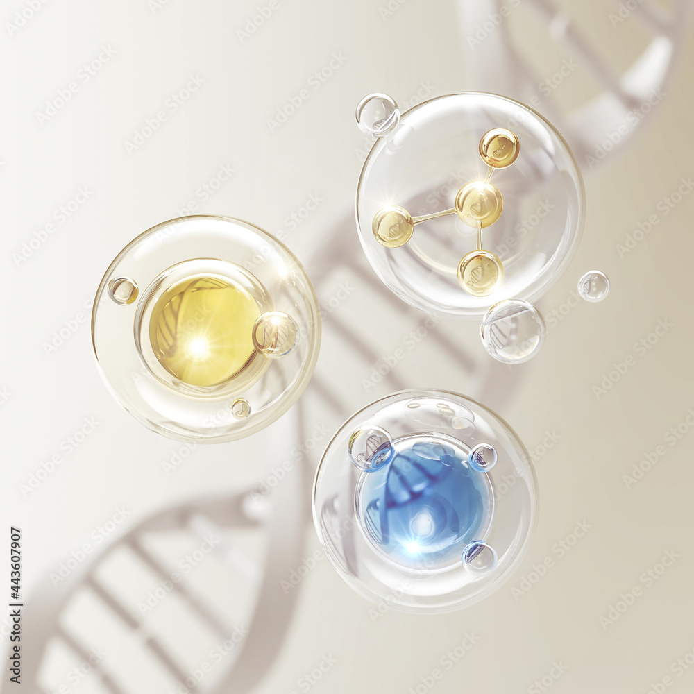 Collagen Serum bubble on Dna Background, cosmetic oil liquid advertising 3d rendering.