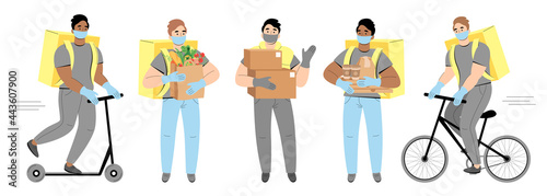 Set of different delivery man in masks riding bicycle or scooter to deliver food or packages in time. Delivery and courier service concept, quarantine, stay home. Vector illustration