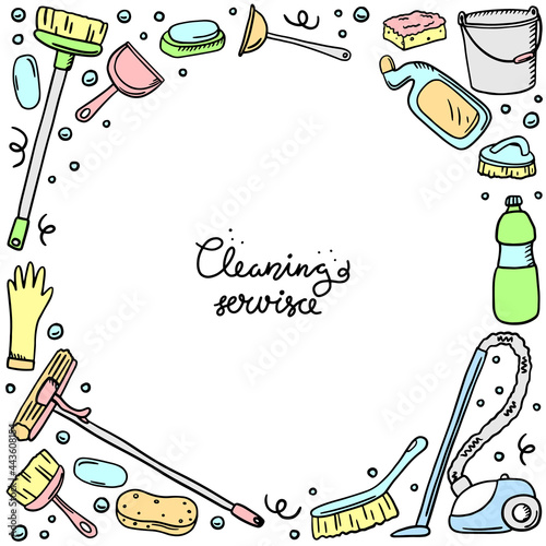 Card template with hand drawn laundry icons. Collection of sketched objects. Home laundry service. Accessories for washing and drying clothes