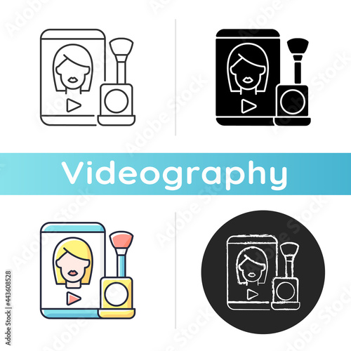 Make up tutorial videos icon. Beauty vlog. Online creator on women style. Beautician blog. Streaming internet video. Videography. Linear black and RGB color styles. Isolated vector illustrations