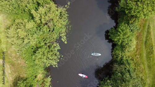 Aerial view of two paddle boarders on a river