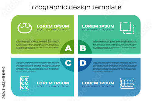 Set line Pills in blister pack, Eyeglasses, False jaw and Pillow. Business infographic template. Vector