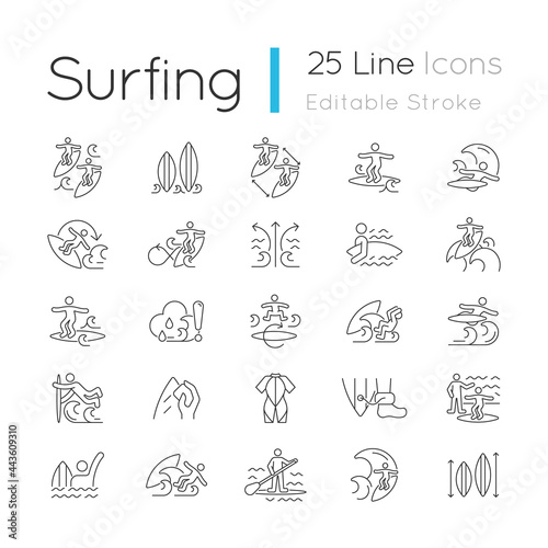 Surfing linear icons set. Recreational activity. Catching waves and learning tricks. Surf zone. Customizable thin line contour symbols. Isolated vector outline illustrations. Editable stroke
