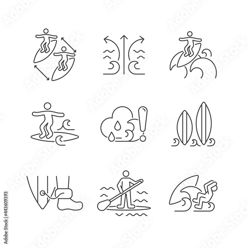 Water activities linear icons set. Surfing maneuvers. Keeping distance. Rip currents. Floater technique. Customizable thin line contour symbols. Isolated vector outline illustrations. Editable stroke