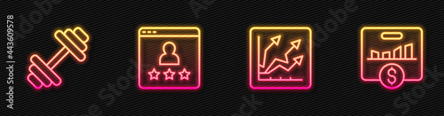 Set line Financial growth increase, Dumbbell, Customer product rating and Key performance indicator. Glowing neon icon. Vector