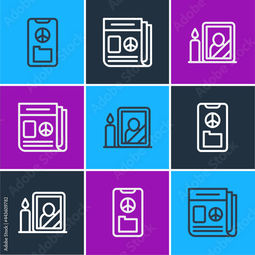 Set line Peace, Mourning photo frame and News icon. Vector