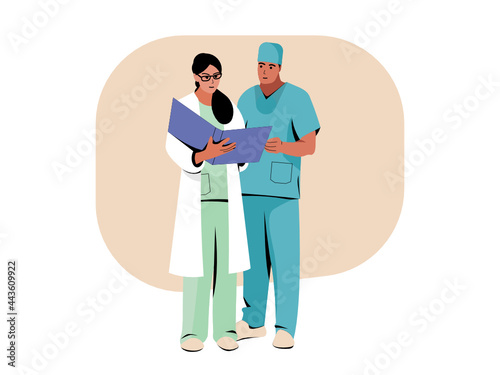 Medical team workers examening a medical report illustration.