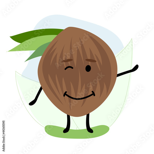 Cute cheerful coconut winks and waves hand on green background