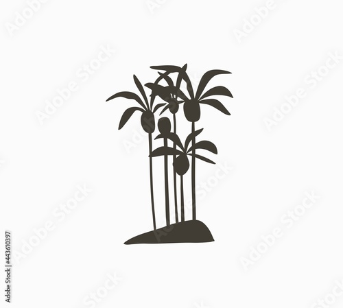 Hand drawn vector abstract stock graphic summer time cartoon,minimalistic illustrations print logo element,with beautiful tropical palm trees island silhouette isolated on white background