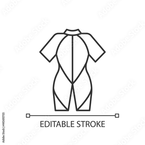 Wetsuit linear icon. Special suit for spending time in water. Keep warmth. Stretchy material. Thin line customizable illustration. Contour symbol. Vector isolated outline drawing. Editable stroke