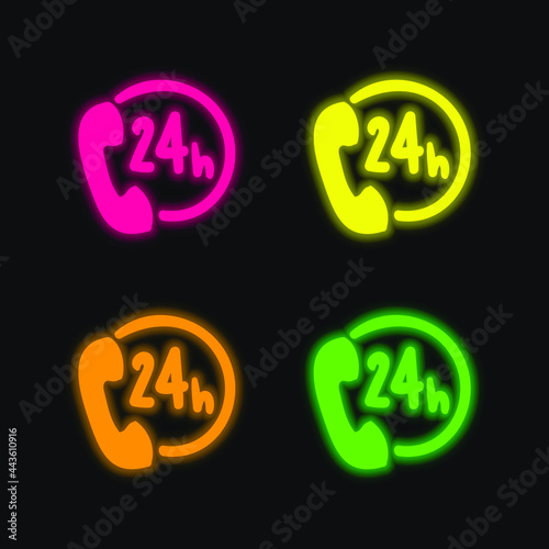 24 Hours four color glowing neon vector icon