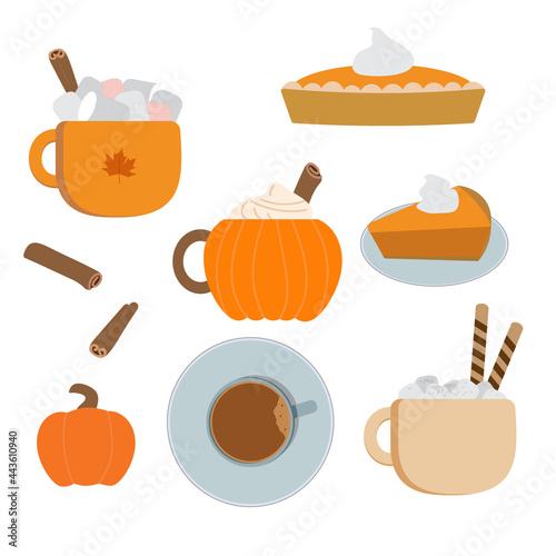 Fall vector pumpkin latte clipart. Pumpkin spice coffee mugs, cup, pumpkin pies, slices. Isolated on white background.