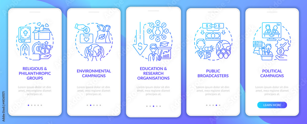 Pledge campaign types onboarding mobile app page screen. Public broadcasters walkthrough 5 steps graphic instructions with concepts. UI, UX, GUI vector template with linear color illustrations