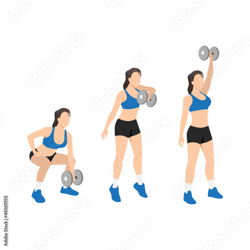 Woman doing Dumbbell snatch  exercise. Flat vector illustration isolated on white background