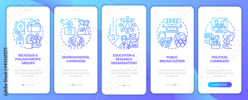 Pledge campaign types onboarding mobile app page screen. Public broadcasters walkthrough 5 steps graphic instructions with concepts. UI, UX, GUI vector template with linear color illustrations