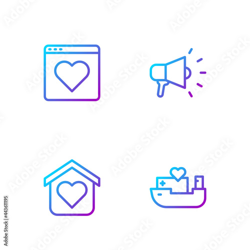 Set line Humanitarian ship, Shelter for homeless, Dating app online and Megaphone. Gradient color icons. Vector