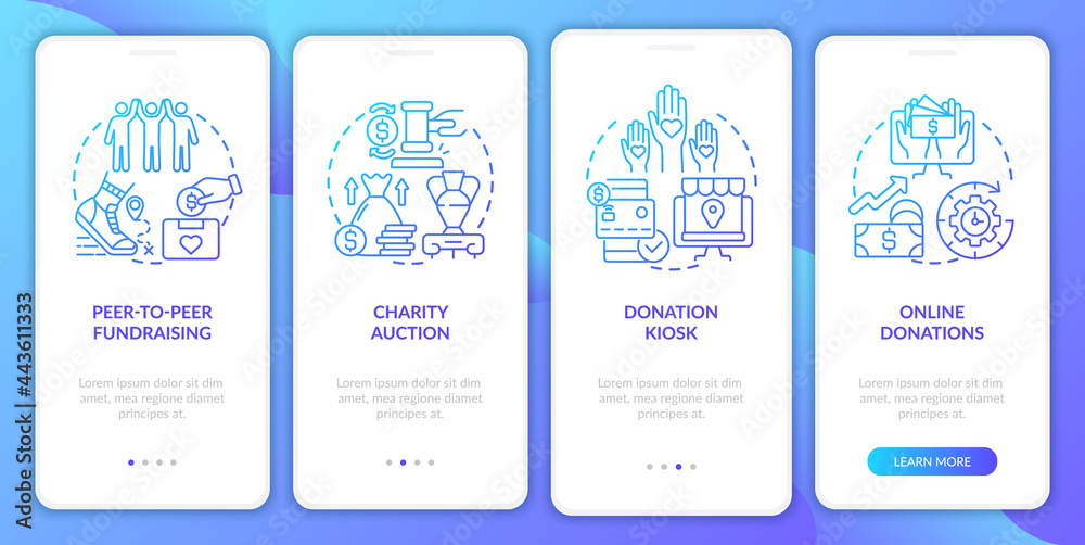 Collecting money event ideas onboarding mobile app page screen. Online donations walkthrough 4 steps graphic instructions with concepts. UI, UX, GUI vector template with linear color illustrations