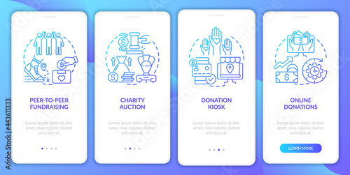 Collecting money event ideas onboarding mobile app page screen. Online donations walkthrough 4 steps graphic instructions with concepts. UI, UX, GUI vector template with linear color illustrations