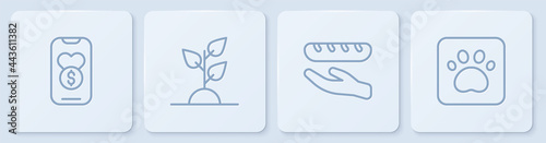 Set line Donation and charity, food, Volunteer team planting trees and Paw print. White square button. Vector