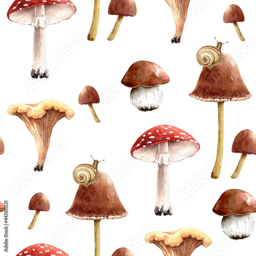 seamless pattern with forest mushrooms on a white background, watercolor illustration, hand painted.