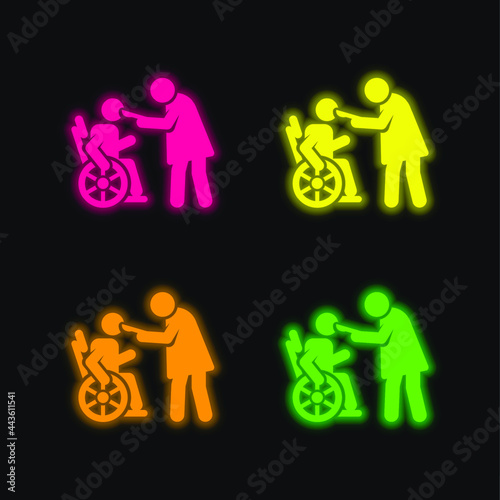 Assistance four color glowing neon vector icon