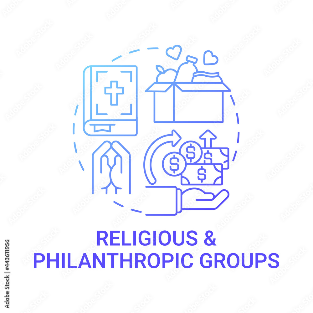 Religious and philanthropic groups concept icon. Fundraising abstract idea thin line illustration. Collecting money. Missions based on religious values. Vector isolated outline color drawing Religious and philanthropic groups concept icon. Fundraising abstract idea thin line illustration. Collecting money. Missions based on religious values. Vector isolated outline color drawing