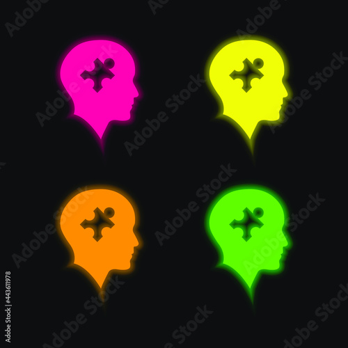 Bald Head With Puzzle Piece four color glowing neon vector icon