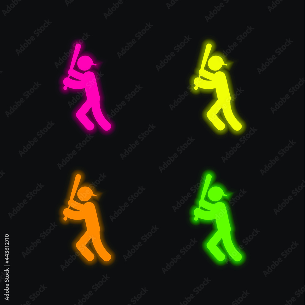 Baseball Player With Bat four color glowing neon vector icon Baseball Player With Bat four color glowing neon vector icon