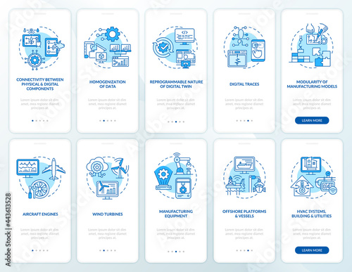 Digital twin onboarding mobile app page screen set. Modern computers walkthrough 5 steps graphic instructions with concepts. UI, UX, GUI vector template with linear color illustrations