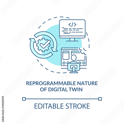 Reprogrammable nature of digital twin concept icon. Digital twin characteristics. Smart computers abstract idea thin line illustration. Vector isolated outline color drawing. Editable stroke