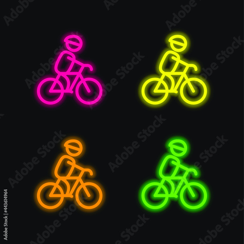 Biker With Helmet four color glowing neon vector icon