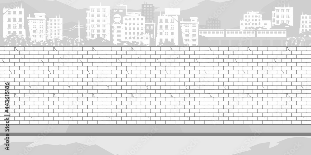 Black And White Brick Wall Coloring Page With Background Of The Cityscape Vector Illustration