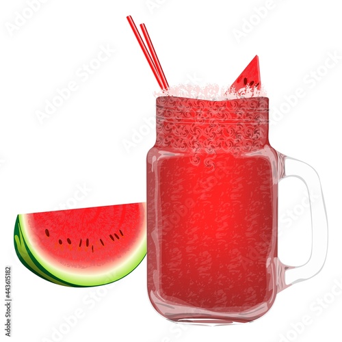 Watermelon juice for banners, flyers, posters, cards, menu. Fruit juice from watermelons. Delicious, fresh, sweet summer dessert. Organic, healthy, vegan food. Watermelon day. Vector illustration.