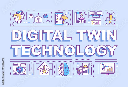 Digital twin technology word concepts banner. Smart computers. Infographics with linear icons on purple background. Isolated creative typography. Vector outline color illustration with text