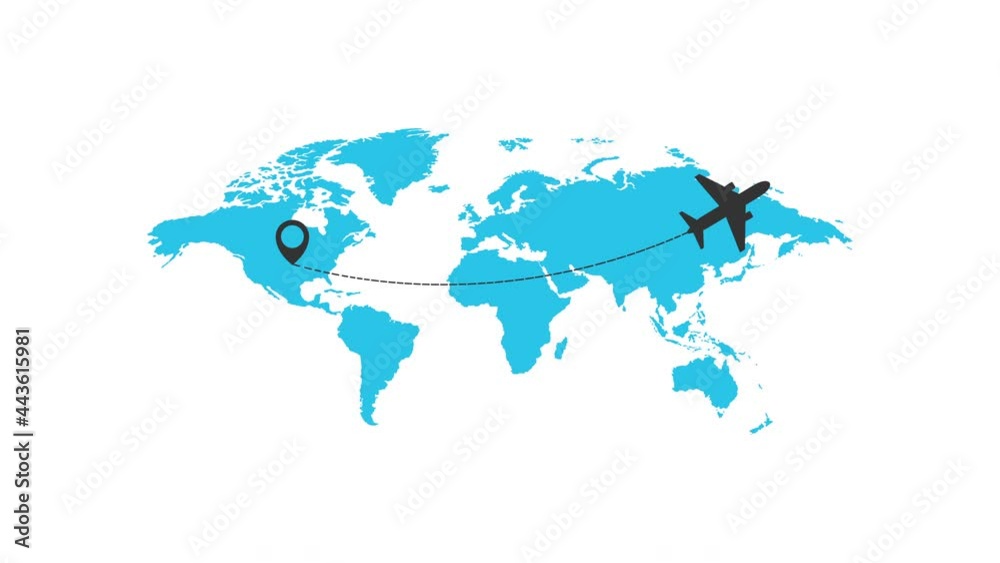 Gray plane flying on the world's map leaving a trail behind animation