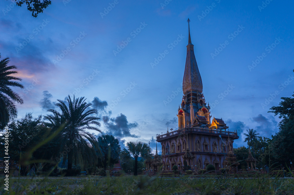 scenery blue sky above Chalong pagoda in Phuket province..Chalong temple is the one popular landmark in phuket.blue sky scape sky sunset.travel culture concept.