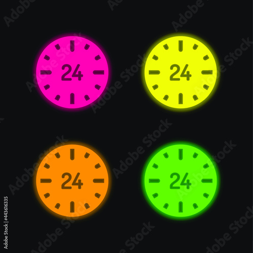 24 Hours four color glowing neon vector icon