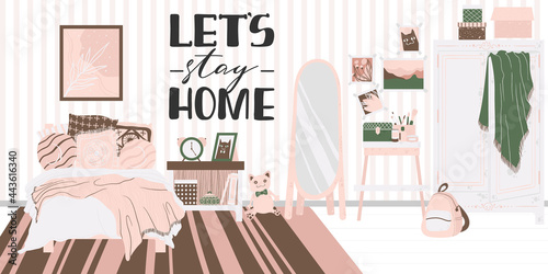 Cozy interior of bedroom in Scandinavian cartoon style. Concept with text let's stay home. Design of a cozy room with bed, houseplant, shelf, mirror and decor in flat style