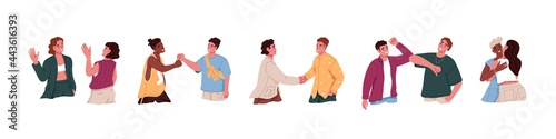 Set of people greeting each other, saying hello in different manners. Various hi gestures such as waving hands, handshake, fist and elbow bump, hugging. Flat vector illustration isolated on white. photo