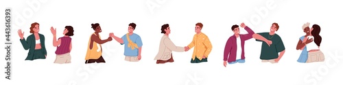 Set of people greeting each other, saying hello in different manners. Various hi gestures such as waving hands, handshake, fist and elbow bump, hugging. Flat vector illustration isolated on white.