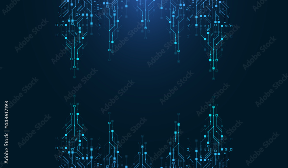 Modern technology circuit board texture background design. Quantum computer technologies concepts, large data processing. Futuristic blue circuit board background. Minimal vector motherboard