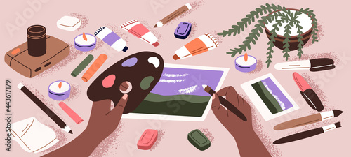 Painter drawing picture at table, holding brush and color palette. Human hands creating art with paints. Creative process at desk with stationery. Painting hobby concept. Flat vector illustration.