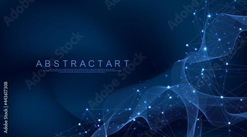 Digital network connection abstract background. Artificial intelligence and engineering technology. Big Data visualization. Global networks, Lines plexus, minimal array. Vector illustration.