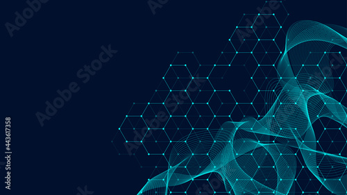 Technology abstract lines and dots connect background with hexagons. Hexagon grid. Hexagons connection digital data and big data concept. Hex digital data visualization. Vector illustration.