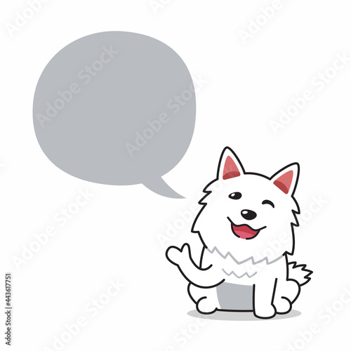 Cartoon character white dog with speech bubble for design.