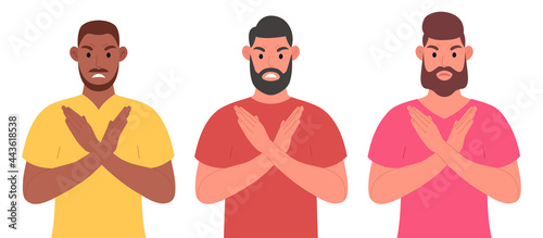 Three bearded men of different nationalities keeping arms crossed. Character set. Vector illustration in cartoon style.