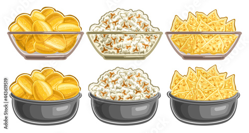 Vector set of Snacks in Bowls, collection of cut out illustrations tasty potato chips in full transparent bowl, cartoon pop corn with sweet caramel flavors, triangle nachos in dish on white background