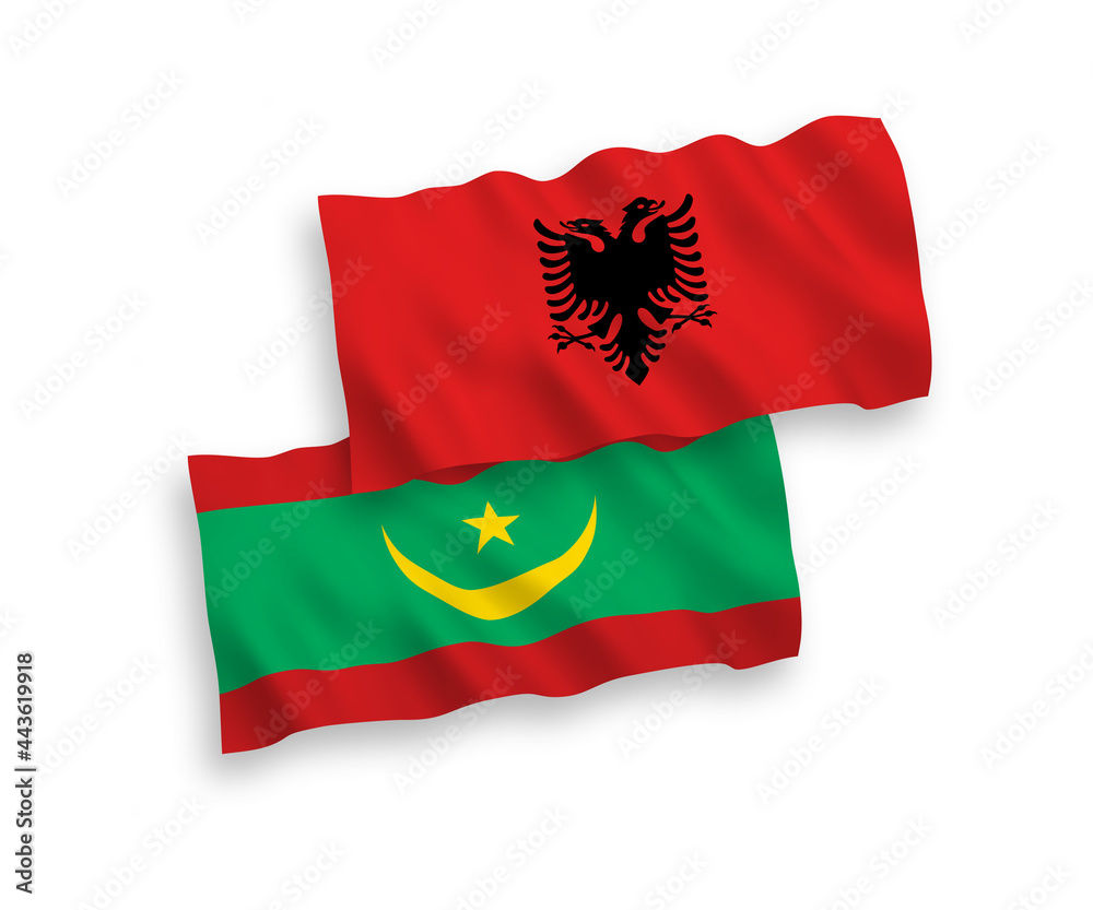Flags of Islamic Republic of Mauritania and Albania on a white background Flags of Islamic Republic of Mauritania and Albania on a white background