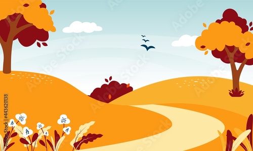 Autumn road landscape. Natural forest landscape. Vector fall foliage nature illustration. © Iryna Danyliuk